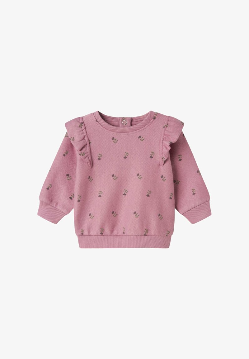 Felpa rosa a maniche lunghe con dettagli a volants, stampa floreale, collo rotondo e polsini e orlo a costine. Realizzata in tessuto di cotone testurizzato.