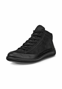 Baskets montantes noires avec un devant en cuir lisse et des côtés en daim doux. Elles présentent des lacets ronds et une semelle en caoutchouc texturée.
