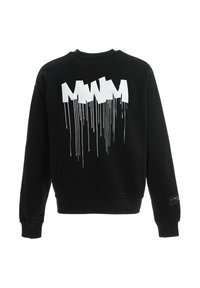 Sudadera negra con estampado blanco "MWM" y efecto goteo. Cuenta con mangas largas, cuello redondo y una tela texturizada.