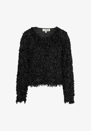 Zwarte oversized trui met een fuzzy, textuurafwerking, ronde hals en lange mouwen. Heeft een cropped zoom en een label aan de hals.