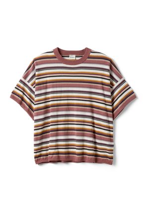 Maglietta lavorata a maglia a maniche corte con righe orizzontali in malva, bianco, nero e senape, con scollo rotondo a costine.