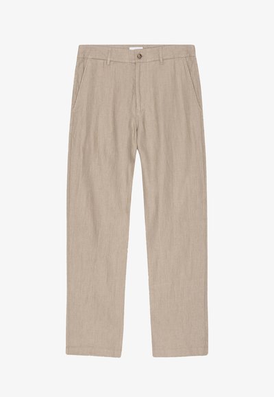 Beige Leinenhose mit geradem Bein, vorderen Taschen und einem einzelnen Knopfverschluss am Bund. Texturierten Stoff.