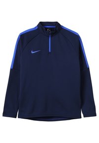 Nike Dri-FIT pulower, granatowy z jasnoniebieskimi akcentami, posiada kołnierz na ćwierć zamka i długie rękawy. Gładka faktura i sportowy krój.