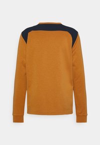 T-shirt à manches longues et col rond en orange brûlé avec un empiècement noir sur les épaules, vu de dos.