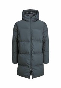 Puffer coat in dark gray, featuring a high collar, zip closure, horizontal quilted pattern, and two side pockets. Smooth, water-resistant fabric.