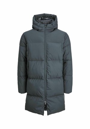 Duvet jakna u tamnosivoj boji, s visokim ovratnikom, patentnim zatvaračem, horizontalnim valovitim uzorkom i dva bočna džepa. Glatka, vodootporna tkanina.