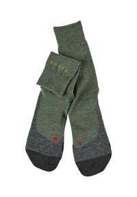 Calze verdi e grigie realizzate in tessuto testurizzato, con un bordo a coste e una punta rinforzata con un piccolo logo rosso sul lato.
