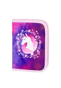 Pochette con zip caratterizzata da un design di unicorno rosa circondato da elementi floreali su uno sfondo a gradiente viola e rosa. Tessuto morbido, bordi arrotondati.