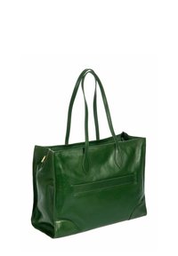 Sac fourre-tout en cuir vert foncé avec deux longues poignées et une forme rectangulaire, présenté sur un fond blanc.