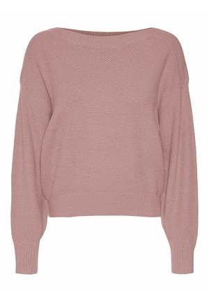 Jasnoróżowy, dziany sweter o luźnym kroju, szerokim dekolcie i długich rękawach. Teksturowany materiał i ściągacze u dołu oraz przy mankietach.