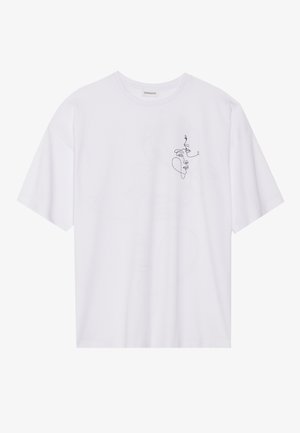 White short-sleeve T-shirt made from cotton. Features a minimalist black abstract line drawing on the left chest area. Relaxed fit.