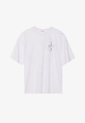 White short-sleeve T-shirt made from cotton. Features a minimalist black abstract line drawing on the left chest area. Relaxed fit.