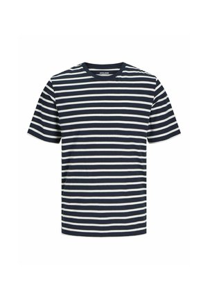 T-shirt a maniche corte a righe blu navy e bianche, realizzata in cotone. Vestibilità regolare, scollatura rotonda e texture liscia con righe orizzontali uniformi.