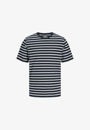 Tumesinine ja valge triibuline lühikeste varrukatega T-särk, valmistatud puuvillast. Ükslane sobivus, ümmargune kaelus ja sile tekstuur ühtlaste horisontaalsete triipudega.