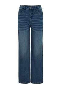 Jeans à jambes larges en denim bleu foncé, avec une taille haute, des poches avant et des motifs de décoloration discrets le long des jambes. Fermeture à bouton classique.