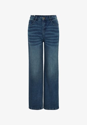 Jeans a gamba larga in denim blu scuro, con vita alta, tasche frontali e sottili motivi di sbiadimento lungo le gambe. Chiusura classica con bottone.