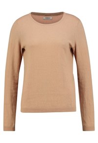 Maglione lungo beige chiaro a maniche lunghe con scollo rotondo. Texture morbida, polsini e orlo a coste, e un design semplice. Etichetta del marchio visibile all'interno.