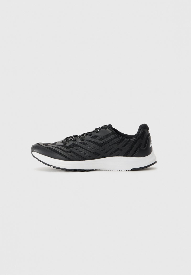 Black athletic sneaker with geometric patterns, lace-up design, and thick white sole, shown in left profile on white background.