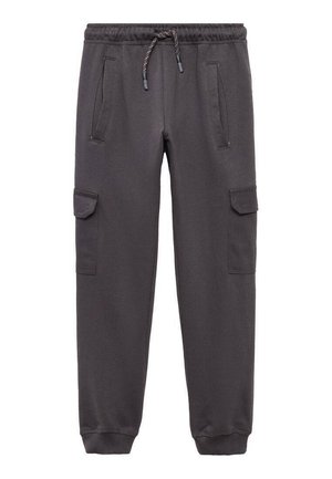Dunkelgraue Cargo-Sweatpants mit elastischem Bund, Kordelzug, seitlichen Klappentaschen und gerippten Bündchen an den Knöcheln, auf weißem Hintergrund präsentiert.