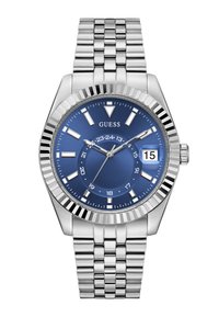 Silver metal bracelet watch with blue dial, white hour markers, date window showing 15, and brand name "GUESS" below 12 o'clock.