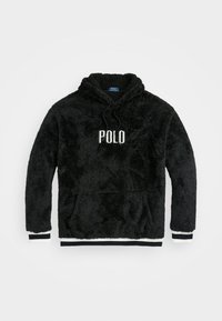 Svart fleece hoodie med en känguruficka, dragsko i huva och vit "POLO" logotyp. Har randiga vita och svarta detaljer vid ärmsluten och nederkant.
