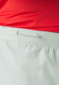 Gaiši mentolzaļi šorti ar elastīgu jostasvietu, kuros ir balta saite un acs tekstūras detaļas augšdaļā.