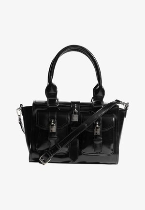 Schwarze glänzende Lederhandtasche mit doppelten Griffen, zwei vorderen Taschen, die mit kleinen silbernen Vorhängeschlössern gesichert sind, und einem verstellbaren Schultergurt.