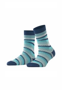 Mehrfarbige Socken mit einem Muster aus abwechselnden Streifen in Blau- und Grüntönen, mit einem dunkelblauen gerippten Bündchen und Zehen.