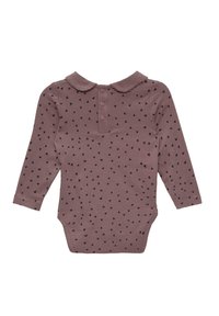 Langdoelige bodysuit in gedempt mauve met een kraag. Heeft verspreide zwarte hartpatronen en drukknoopsluitingen aan de achterkant. Zacht katoenen stof.