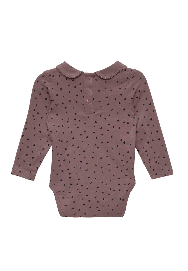 Langdoelige bodysuit in gedempt mauve met een kraag. Heeft verspreide zwarte hartpatronen en drukknoopsluitingen aan de achterkant. Zacht katoenen stof.
