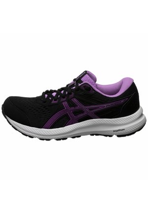 Scarpa da running nera con dettagli viola, fodera viola, lacci neri e suola bianca con testo "AmpliFoam", vista laterale.