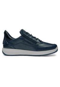 Marineblaue Ledersneaker mit grauer Sohle, Schnürverschluss vorne und gepolstertem Fersenbereich für den lässigen Gebrauch.