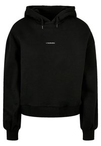 Black cropped hoodie made of soft fabric with a drawstring hood. Features a white "FANTASTIC" logo across the chest and ribbed cuffs.