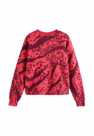 Pull rouge et rouge foncé à motif avec un col rond, des manches longues et un design légèrement court. Tissu texturé avec un imprimé abstrait audacieux.
