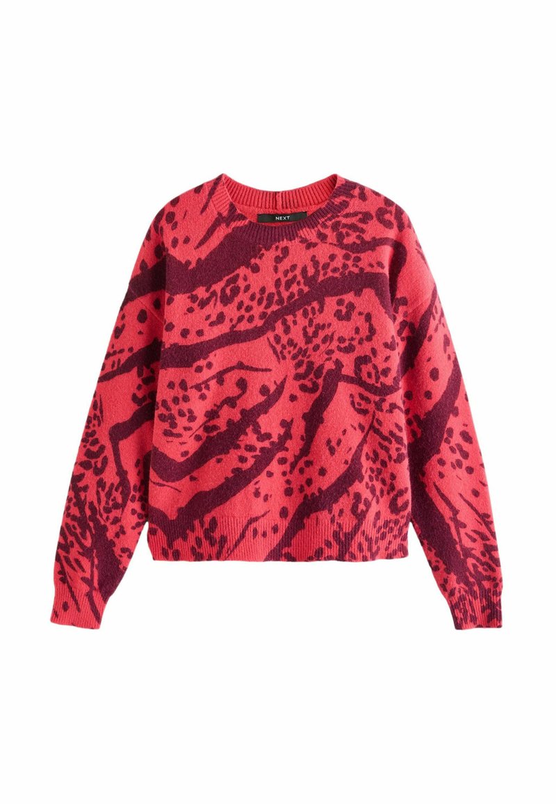 Rot- und dunkelrot gemusterter Pullover mit rundem Hals, langen Ärmeln und einem leicht verkürzten Design. Strukturierter Stoff mit einem auffälligen, abstrakten Druck.