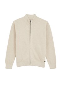 Šviesiai smėlinis zip-up megztinis su struktūrizuotu pynimo raštu, siaurėjančiomis rankovėmis ir apačia, su mažyte juoda logotipo detale apatinėje kairėje pusėje.