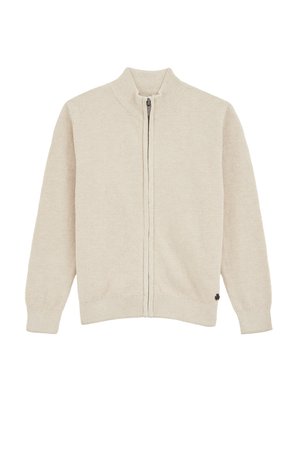 Šviesiai smėlinis zip-up megztinis su struktūrizuotu pynimo raštu, siaurėjančiomis rankovėmis ir apačia, su mažyte juoda logotipo detale apatinėje kairėje pusėje.