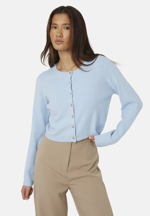 Vrouw draagt een lichtblauwe, gebuttonde cardigan en beige broek met hoge taille, poseert met een hand op haar heup tegen een effen achtergrond.