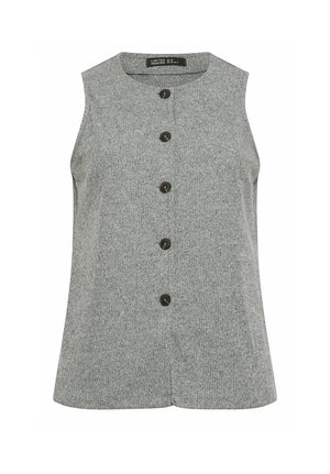 Gilet grigio senza maniche con cinque bottoni scuri al centro, caratterizzato da uno scollo rotondo e tessuto texturizzato.