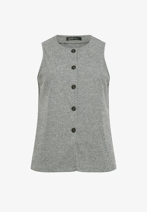 Gilet grigio senza maniche con cinque bottoni scuri al centro, caratterizzato da uno scollo rotondo e tessuto texturizzato.