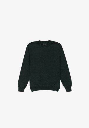 Suéter de color verde oscuro con mangas largas, puños y dobladillo acanalados, hecho de una tela texturizada, con un pequeño logotipo en el pecho.