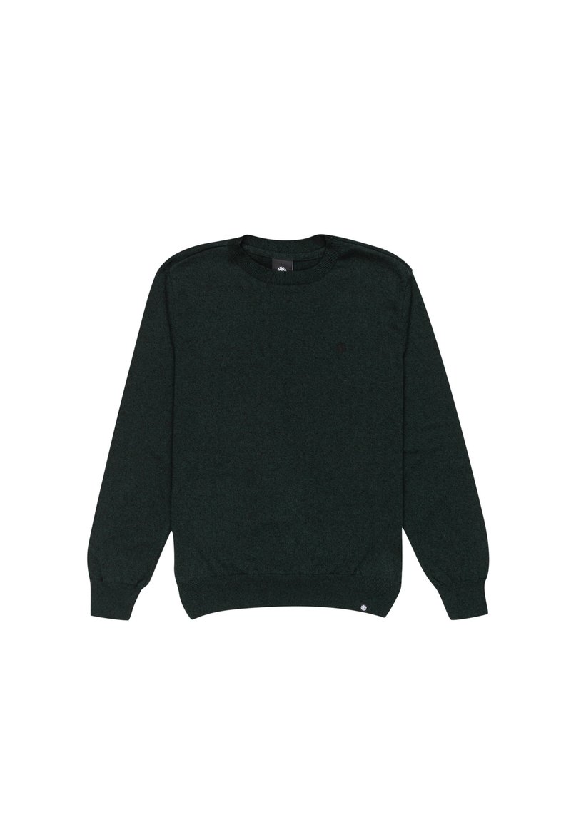 Dunkelgrüner Pullover mit langen Ärmeln, gerippten Bündchen und Saum, aus strukturiertem Stoff gefertigt, mit einem kleinen Logo auf der Brust.
