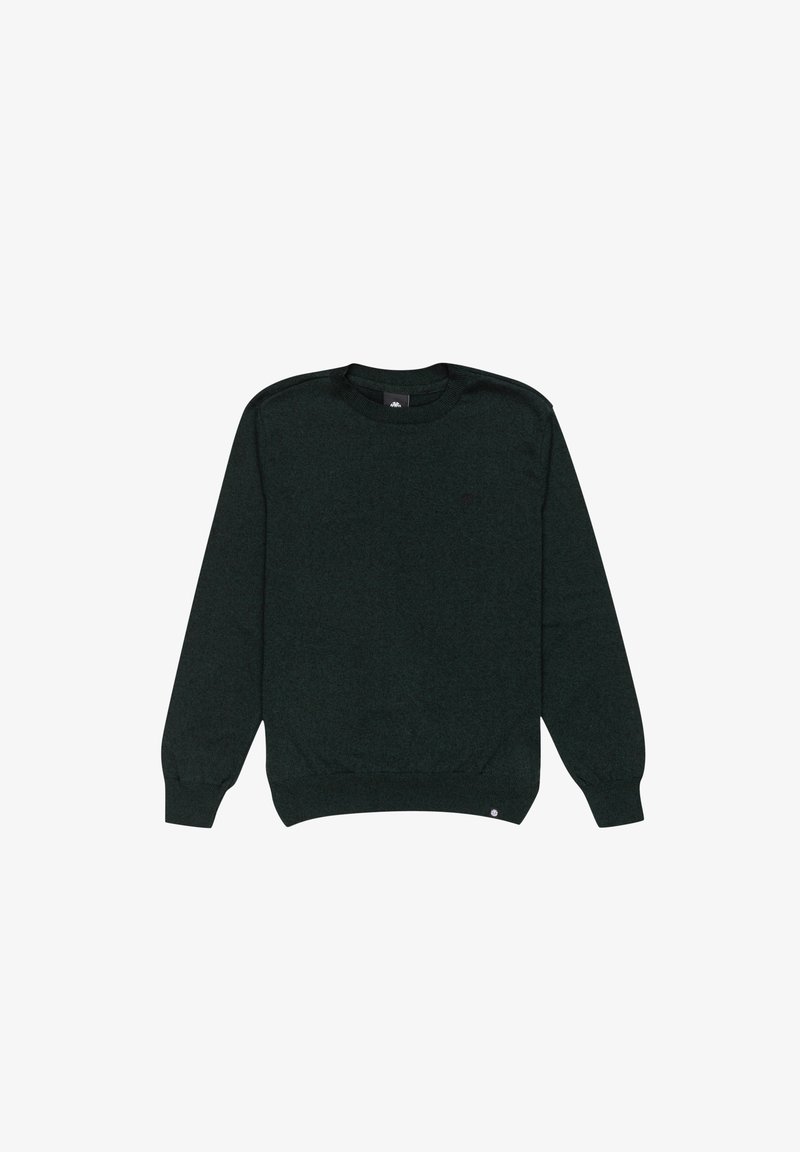 Donkergroene pullover trui met lange mouwen, geribbelde manchetten en zoom, gemaakt van een gestructureerde stof, met een klein logo op de borst.