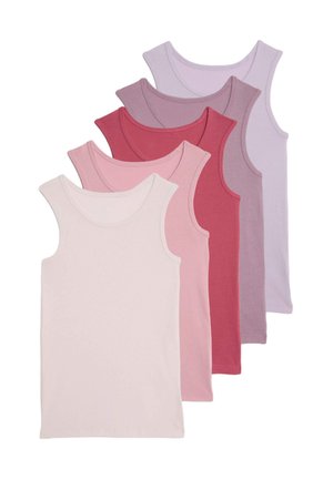 Set von fünf Tanktops in verschiedenen Schattierungen von Pink und Lila. Hergestellt aus weicher Baumwolle, mit Rundhalsausschnitt und ärmellosem Design.