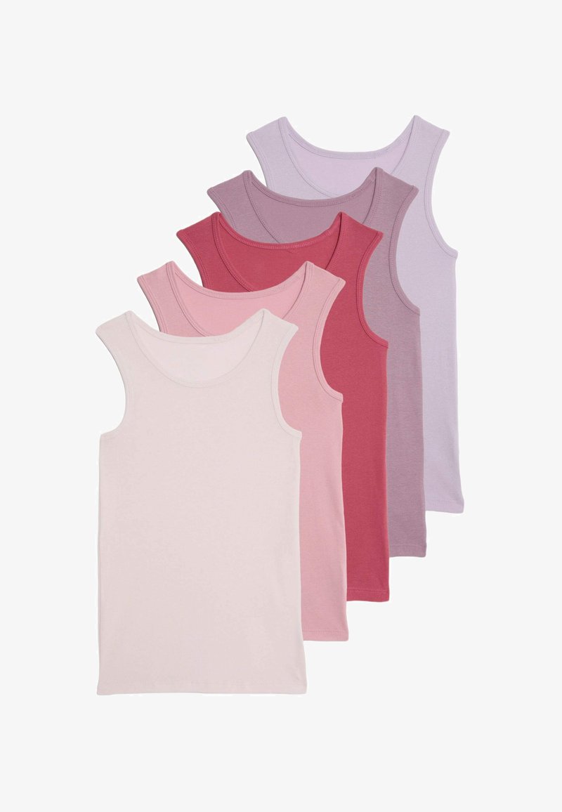 Set di cinque canotte in diverse tonalità di rosa e viola. Realizzate in morbido cotone, presentano un collo rotondo e un design senza maniche.