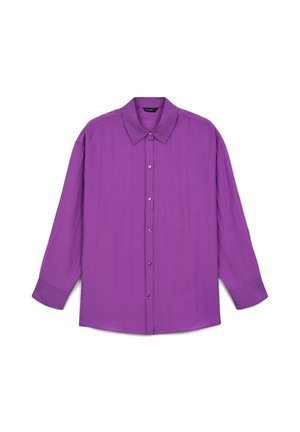 Chemise à manches longues avec boutons, de couleur violette vive, à col pointu et poignets à un bouton, posée à plat sur un fond blanc.