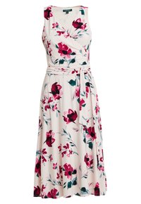 Blumenkleid in weichem, leichtem Stoff; mit rosa, burgunderfarbenen und grünen Blumen auf einem cremefarbenen Hintergrund; ärmellos mit einem Taillengürtel.