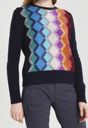 Kvinde model iført en navyblå sweater med et flerfarvet zigzag diamantmønster og mørke bukser, stående mod en ensfarvet baggrund.
