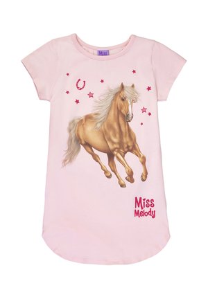 Vestito rosa chiaro a maniche corte con un cavallo dorato al galoppo, stelle rosse, un ferro di cavallo e la scritta "Miss Melody" sul davanti.