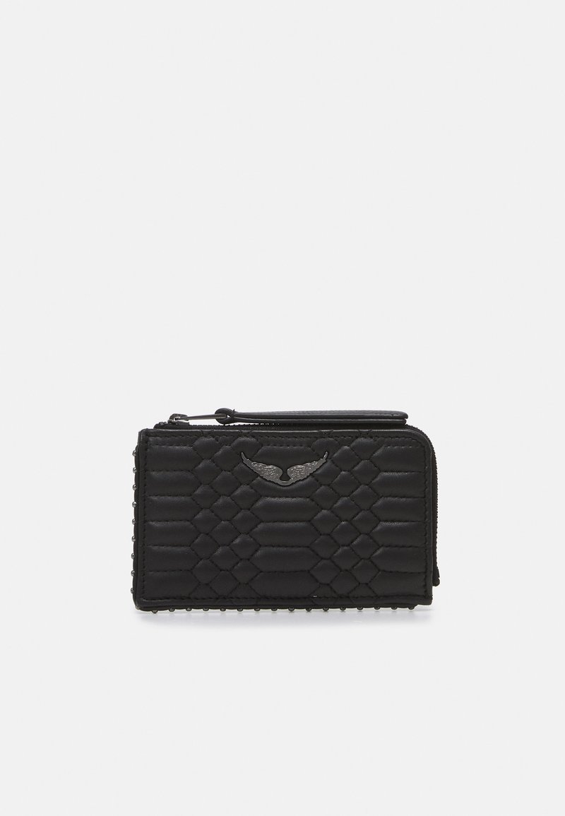 Portefeuille en cuir noir avec un motif en nid d'abeille texturé, accent en métal argenté et fermeture éclair. Design rectangulaire compact.